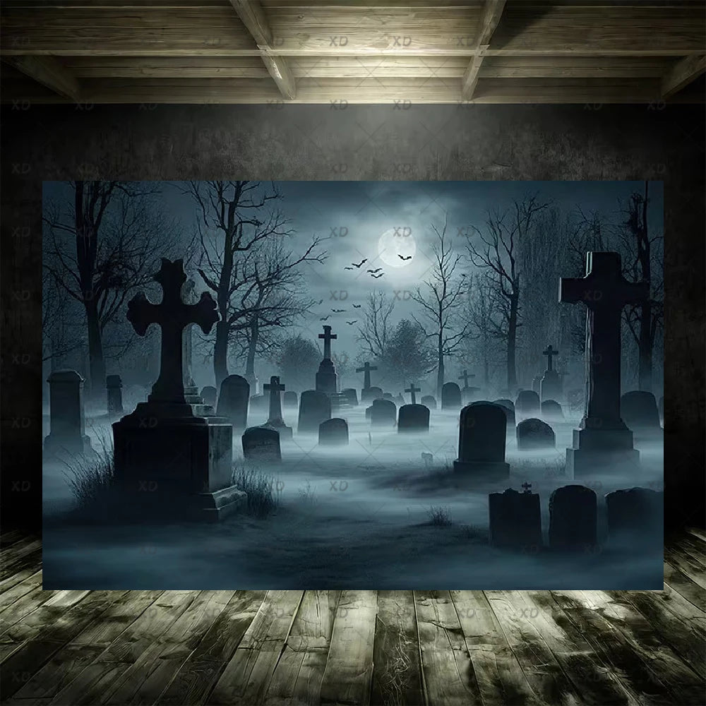 Halloween Spooky Graveyard Backdrop Moonlight Haunted Cemetery Photography Background Party Decoration Photo Booth Banner Props