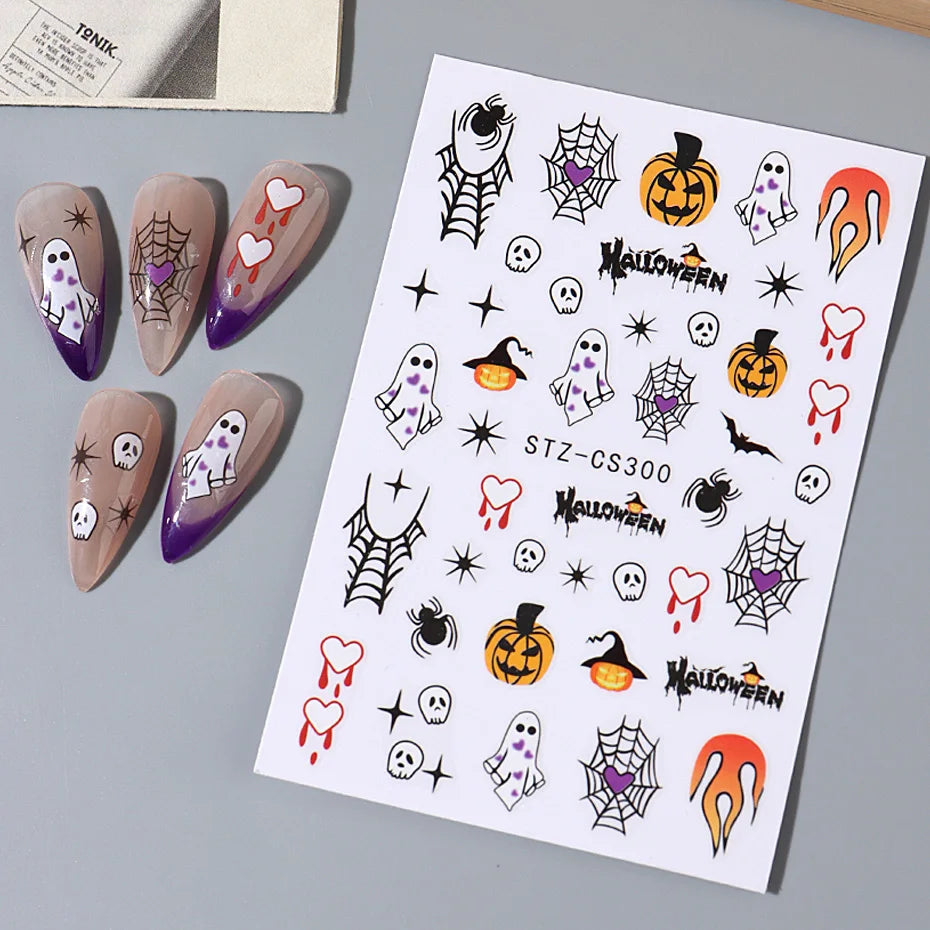 Halloween Stickers for Nails Pumpkin Ghost Skull Design Art Self-Adhesive Spider Web Decals Decoration DIY Manicure Accessories