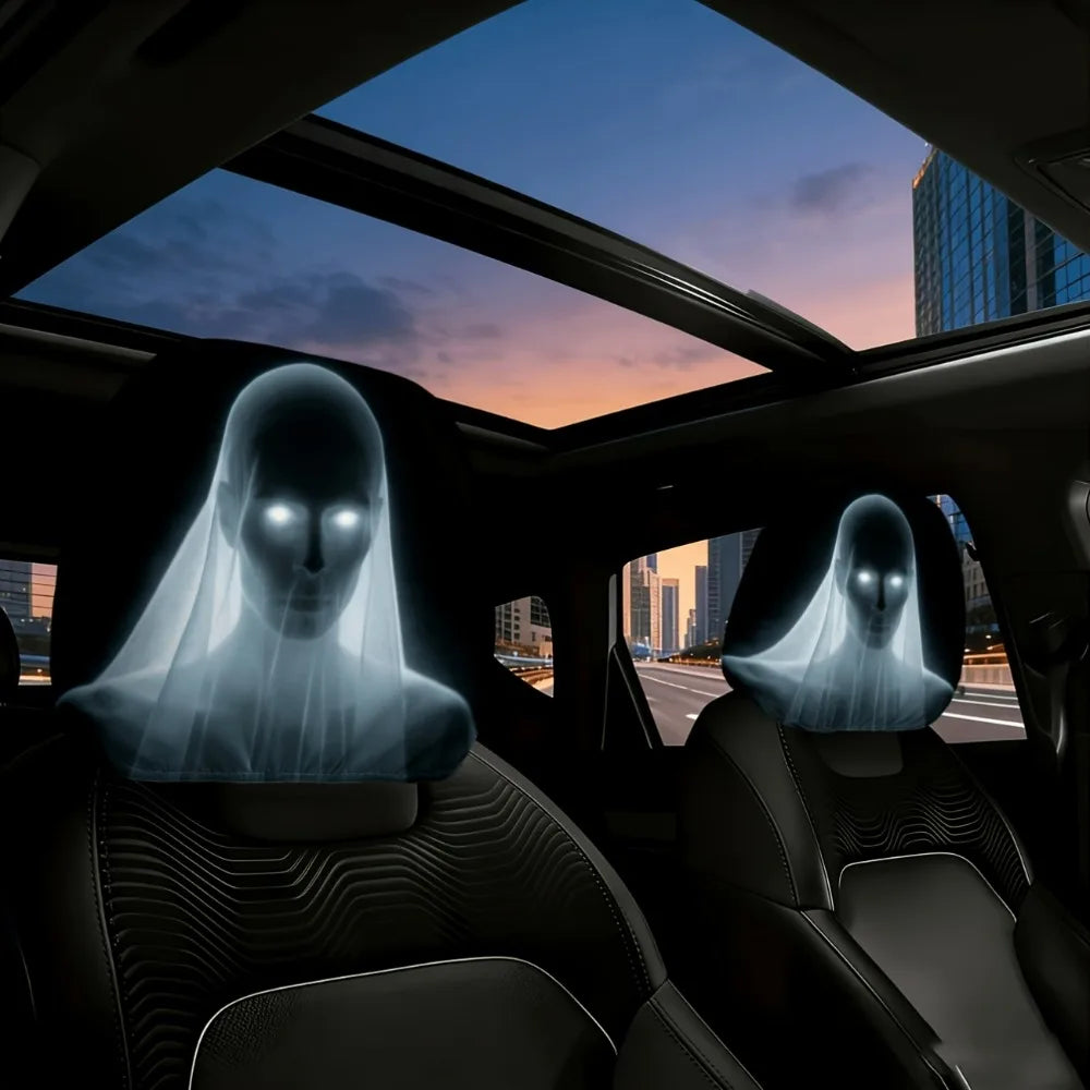 4-pack of Spooky Ghost Bride Headrest Covers with Mysterious Glowing Eyes Car Interior Accessories Washable