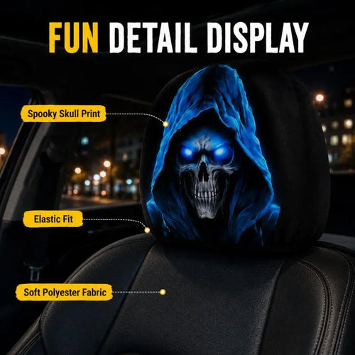 1 Pair-Spooky Blue Skull Car Headrest Covers, Funny Polyester Auto Seat Decor for Car Interior
