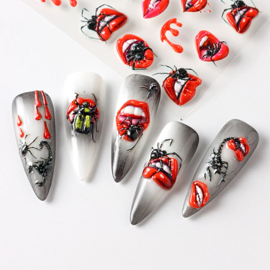 2pcs Halloween Ghost Mummy Blood Nail Stickers Pumpkin Spider Web Lips Bee Design 3D Slider Nail Art Decoration Decals Manicure