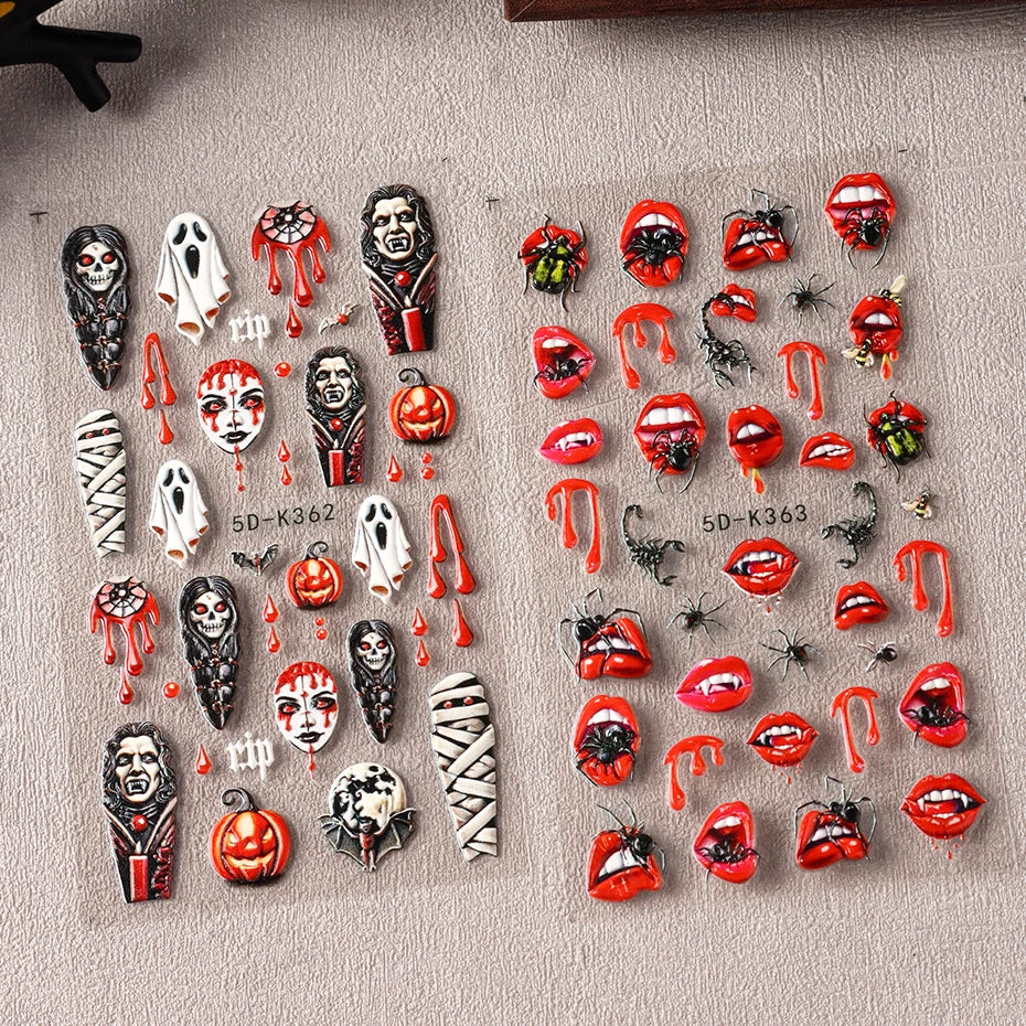 2pcs Halloween Ghost Mummy Blood Nail Stickers Pumpkin Spider Web Lips Bee Design 3D Slider Nail Art Decoration Decals Manicure