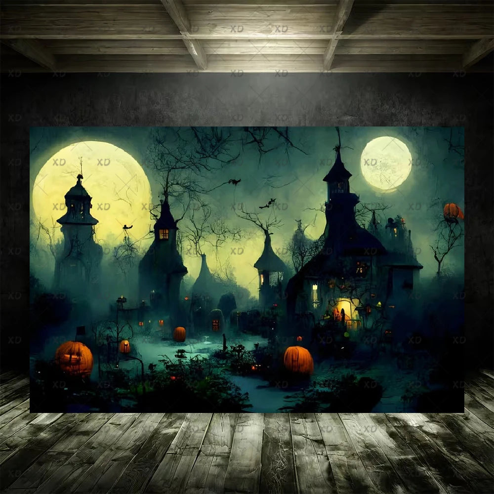 Halloween Spooky Graveyard Backdrop Moonlight Haunted Cemetery Photography Background Party Decoration Photo Booth Banner Props