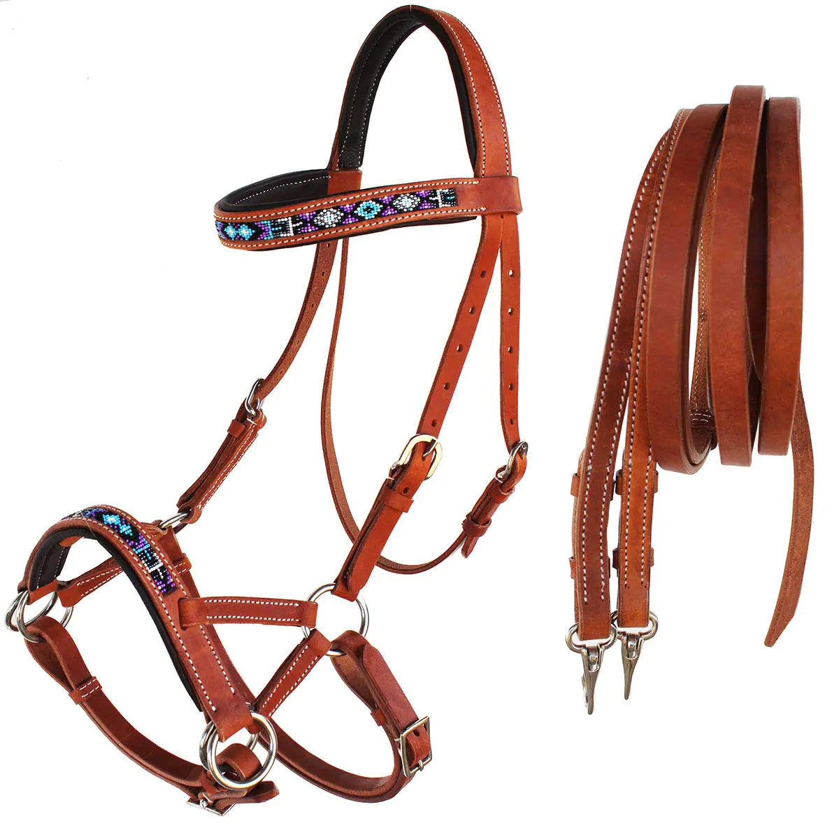 Western Padded Leather Beaded Bitless Sidepull Bridle