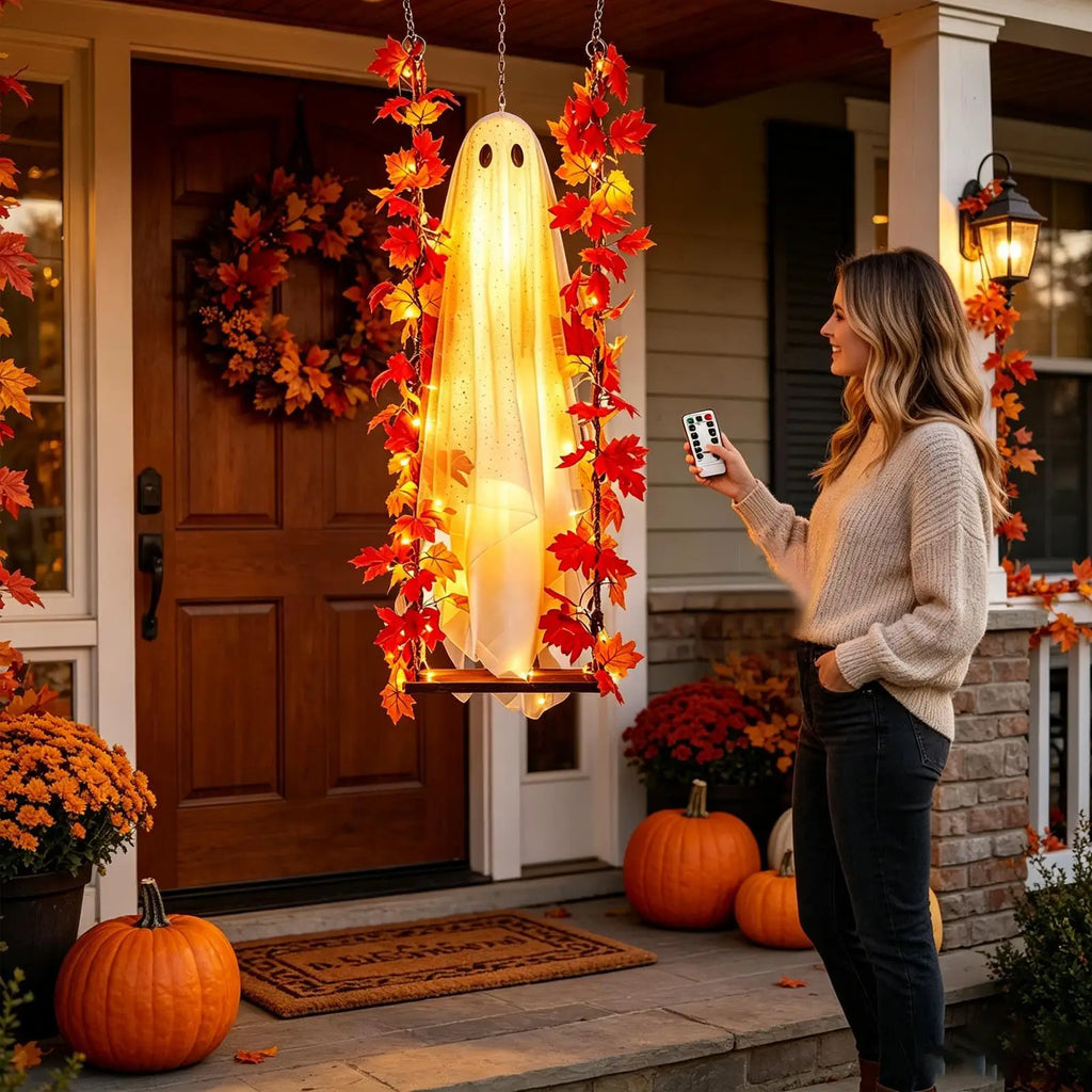 3.94ft Swinging Light Up Ghost Outdoor Yard Decoration Hanging Spooky Prop Tree Porch Garden Halloween Animated Party Supplies