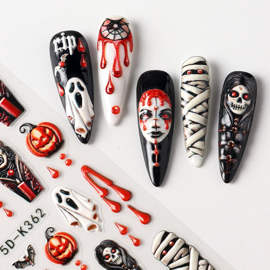 2pcs Halloween Ghost Mummy Blood Nail Stickers Pumpkin Spider Web Lips Bee Design 3D Slider Nail Art Decoration Decals Manicure
