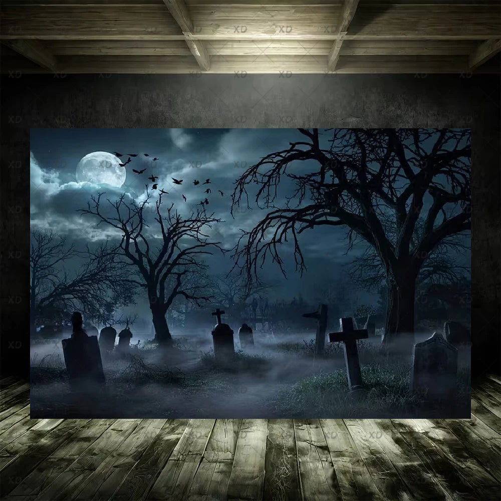 Halloween Spooky Graveyard Backdrop Moonlight Haunted Cemetery Photography Background Party Decoration Photo Booth Banner Props
