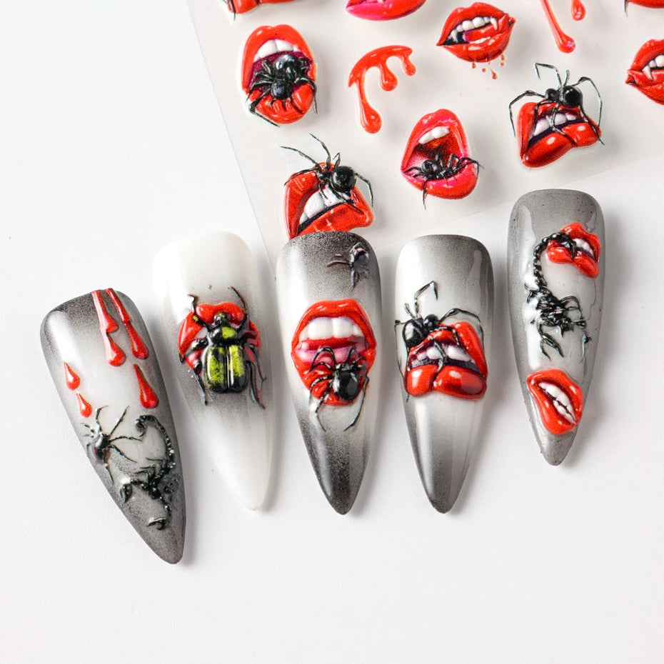2pcs Halloween Ghost Mummy Blood Nail Stickers Pumpkin Spider Web Lips Bee Design 3D Slider Nail Art Decoration Decals Manicure