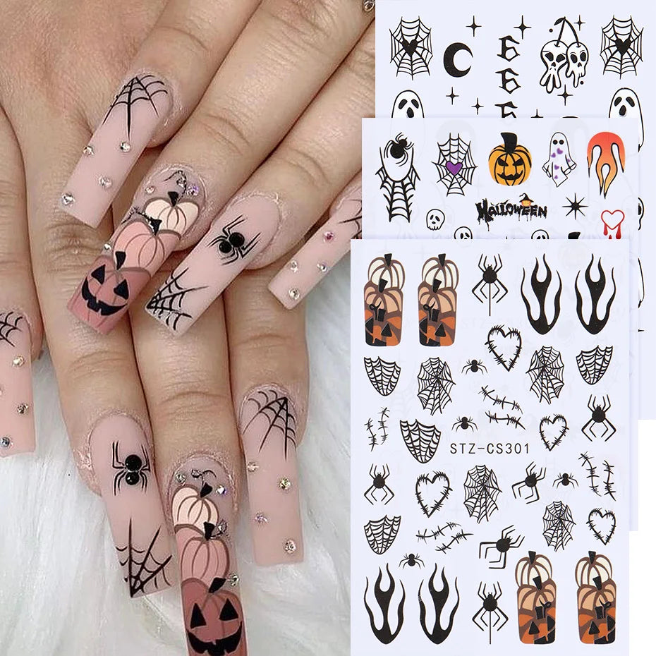 Halloween Stickers for Nails Pumpkin Ghost Skull Design Art Self-Adhesive Spider Web Decals Decoration DIY Manicure Accessories