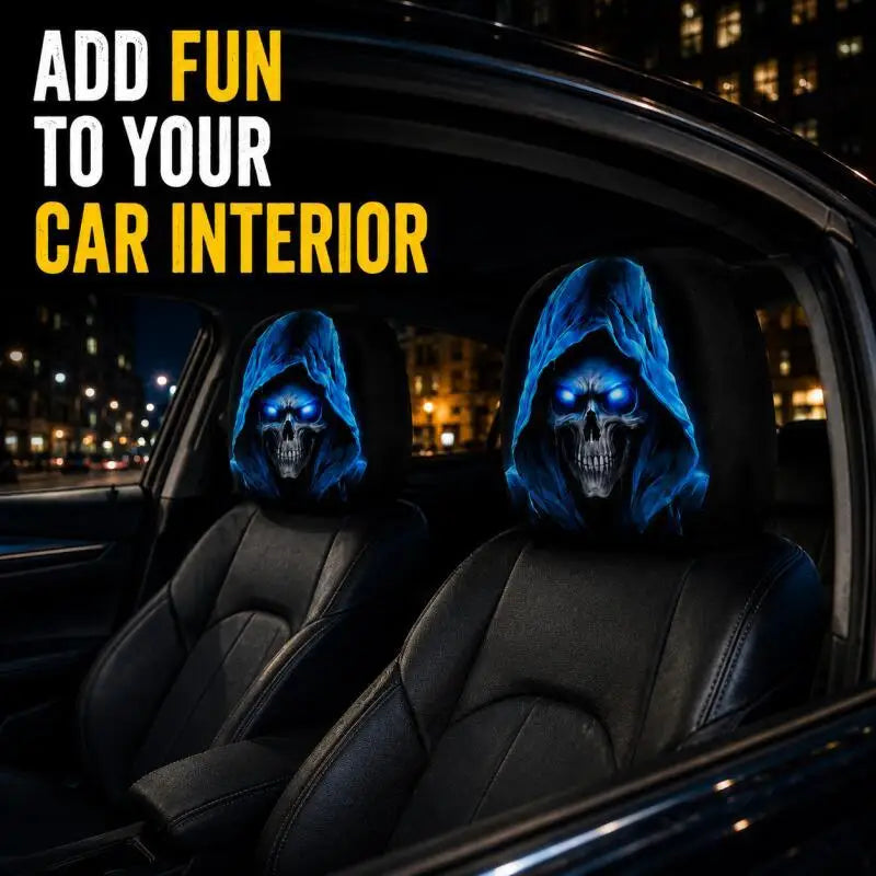 1 Pair-Spooky Blue Skull Car Headrest Covers, Funny Polyester Auto Seat Decor for Car Interior