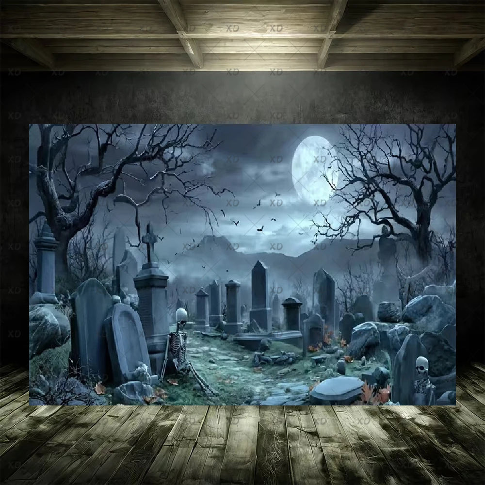 Halloween Spooky Graveyard Backdrop Moonlight Haunted Cemetery Photography Background Party Decoration Photo Booth Banner Props