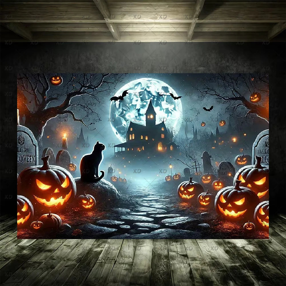 Halloween Spooky Graveyard Backdrop Moonlight Haunted Cemetery Photography Background Party Decoration Photo Booth Banner Props
