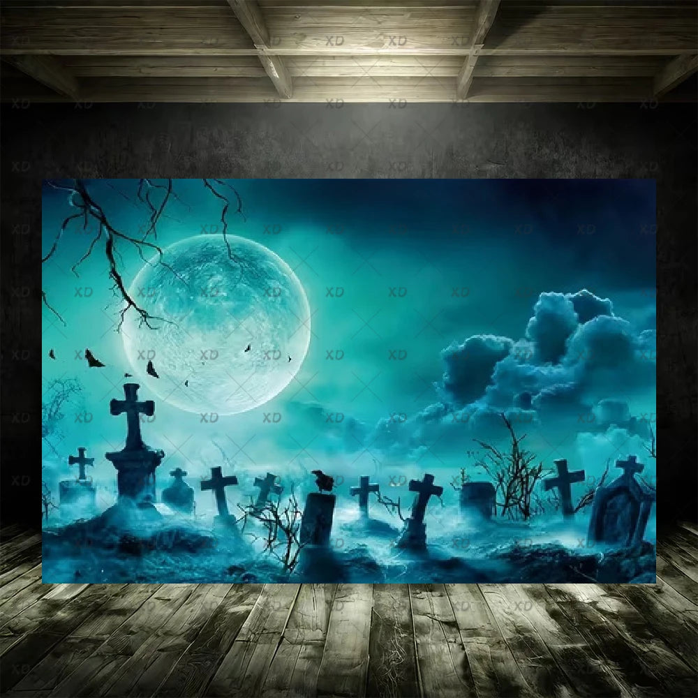 Halloween Spooky Graveyard Backdrop Moonlight Haunted Cemetery Photography Background Party Decoration Photo Booth Banner Props