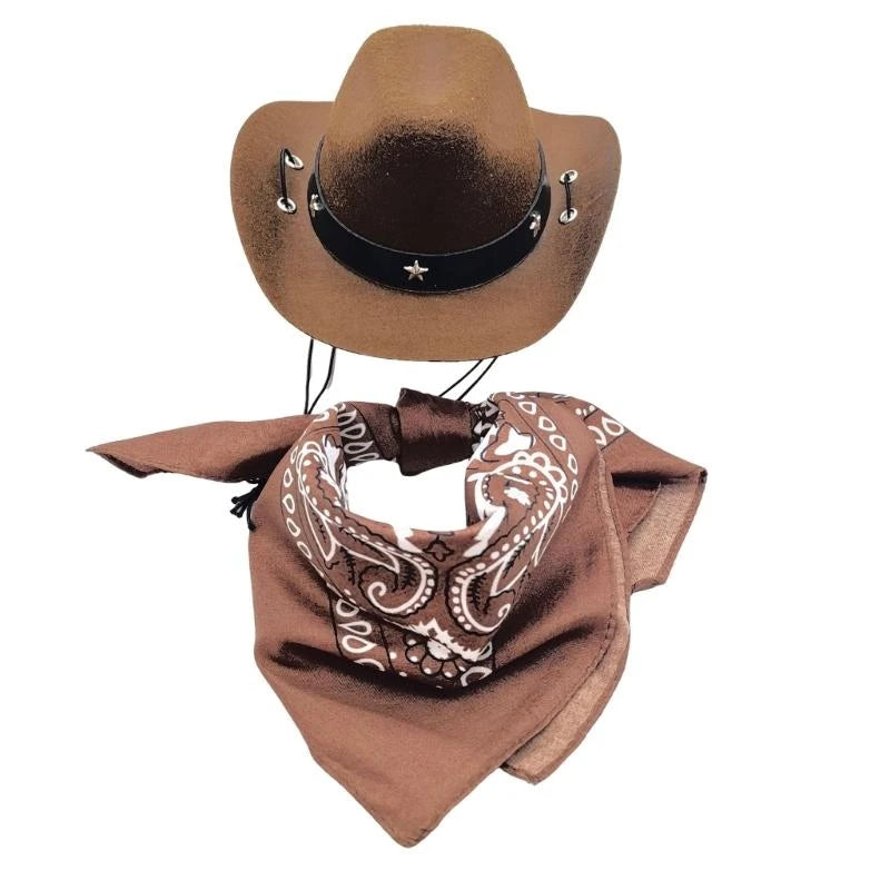 Dog Cowboy Costume Hat Bandanas Set Dogs Adjust Caps Festival Props Outfit