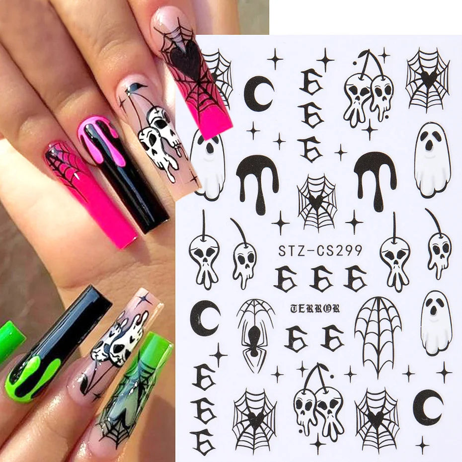 Halloween Stickers for Nails Pumpkin Ghost Skull Design Art Self-Adhesive Spider Web Decals Decoration DIY Manicure Accessories