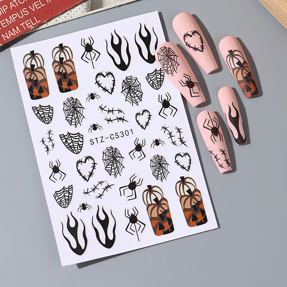 Halloween Stickers for Nails Pumpkin Ghost Skull Design Art Self-Adhesive Spider Web Decals Decoration DIY Manicure Accessories