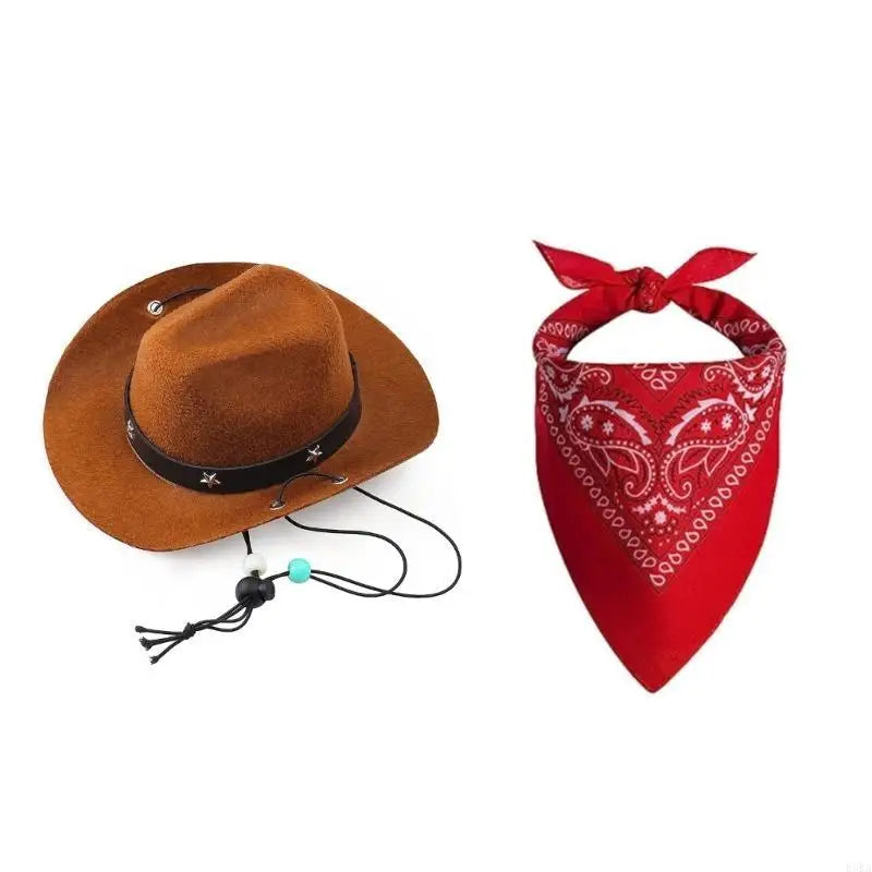 Dog Cowboy Costume Hat Bandanas Set Dogs Adjust Caps Festival Props Outfit
