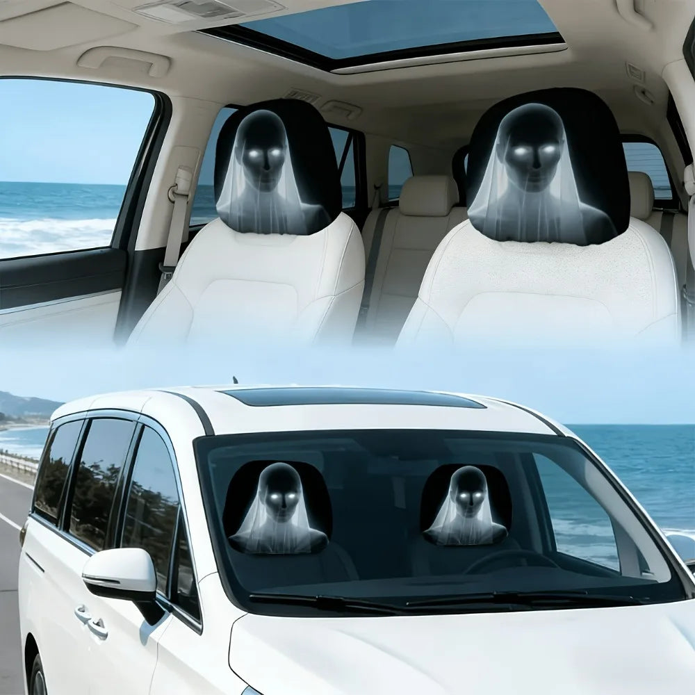 4-pack of Spooky Ghost Bride Headrest Covers with Mysterious Glowing Eyes Car Interior Accessories Washable