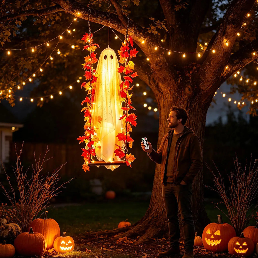 3.94ft Swinging Light Up Ghost Outdoor Yard Decoration Hanging Spooky Prop Tree Porch Garden Halloween Animated Party Supplies
