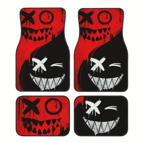 4pcs Car Floor Mats Set Halloween Spooky Smile Design Non-Slip Waterproof Universal Wear Front Rear Interior Accessories Rugs
