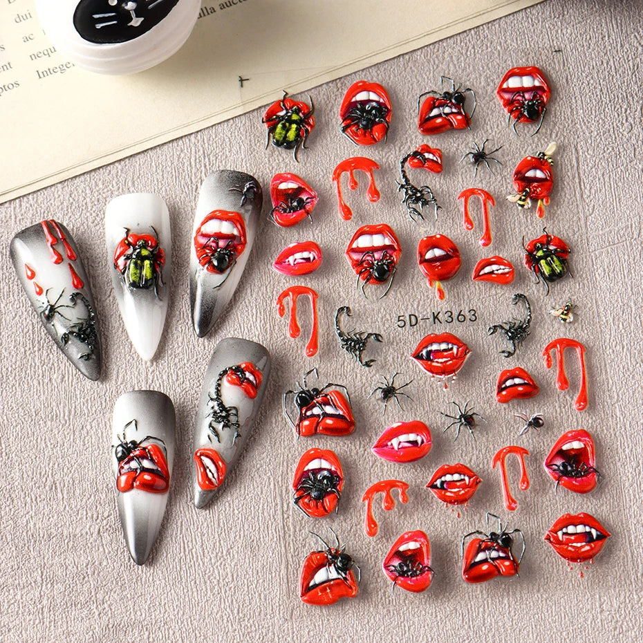 2pcs Halloween Ghost Mummy Blood Nail Stickers Pumpkin Spider Web Lips Bee Design 3D Slider Nail Art Decoration Decals Manicure