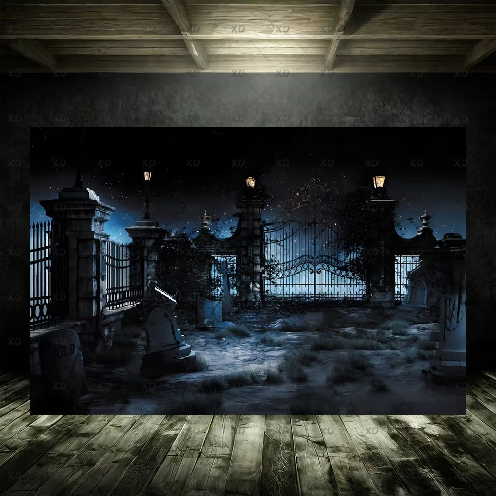 Halloween Spooky Graveyard Backdrop Moonlight Haunted Cemetery Photography Background Party Decoration Photo Booth Banner Props