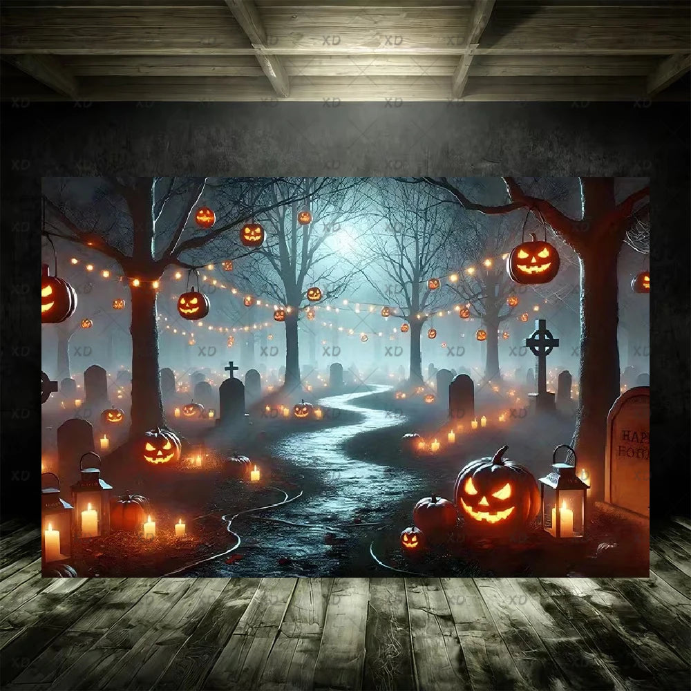 Halloween Spooky Graveyard Backdrop Moonlight Haunted Cemetery Photography Background Party Decoration Photo Booth Banner Props