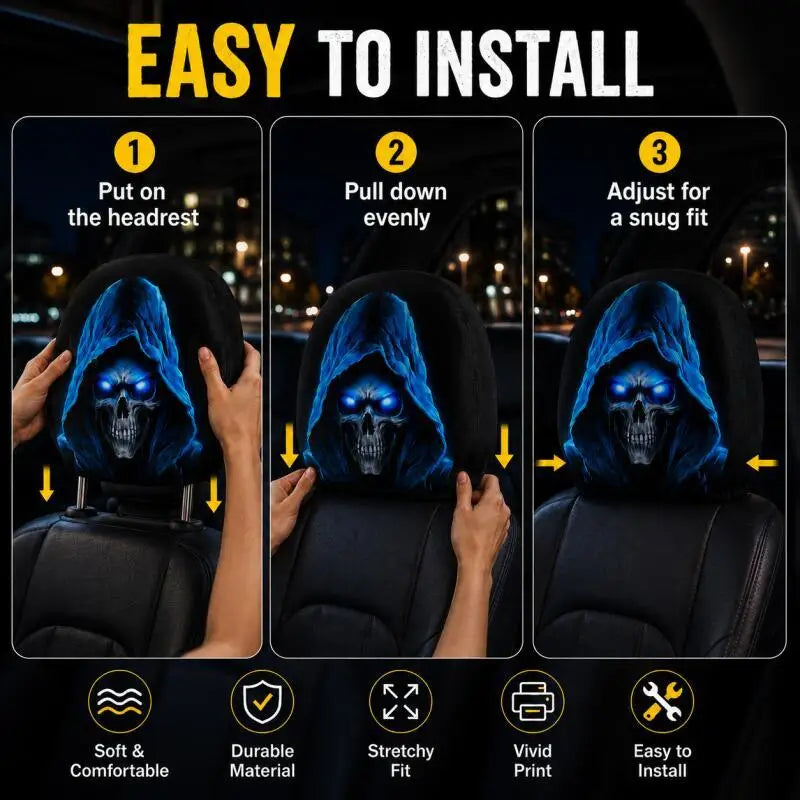 1 Pair-Spooky Blue Skull Car Headrest Covers, Funny Polyester Auto Seat Decor for Car Interior