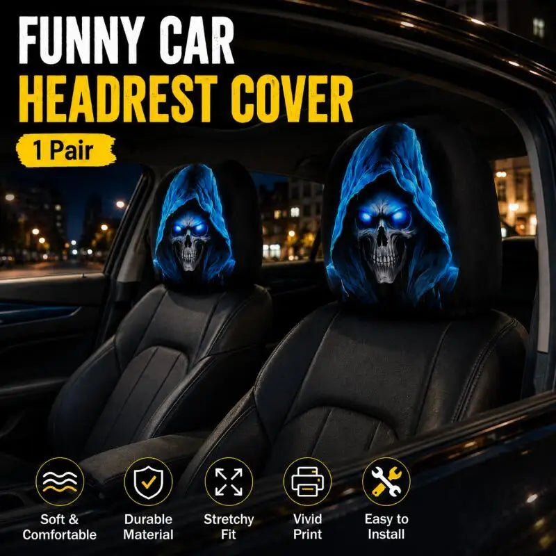 1 Pair-Spooky Blue Skull Car Headrest Covers, Funny Polyester Auto Seat Decor for Car Interior