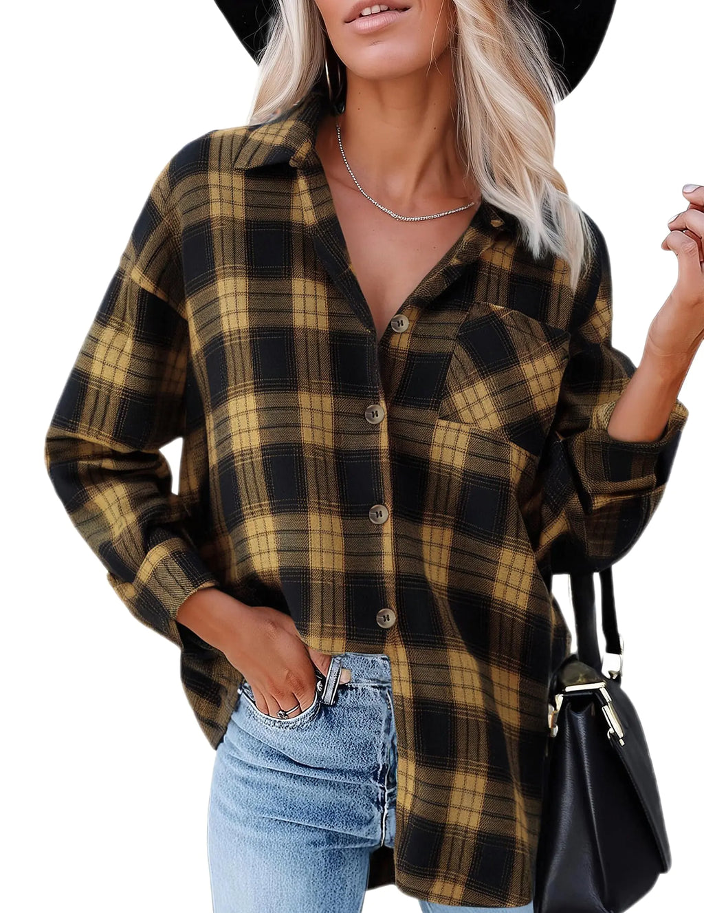 Women's Long Sleeve Oversized Button Down Plaid Shirt (Small)