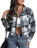 Women's Flannel Cropped Plaid Shacket (Grey - Large)