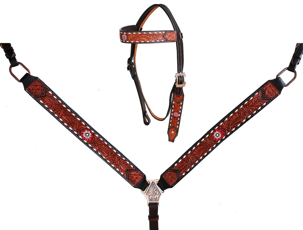 Western Floral Tooled Leather Browband/Headstall and Breast Collar