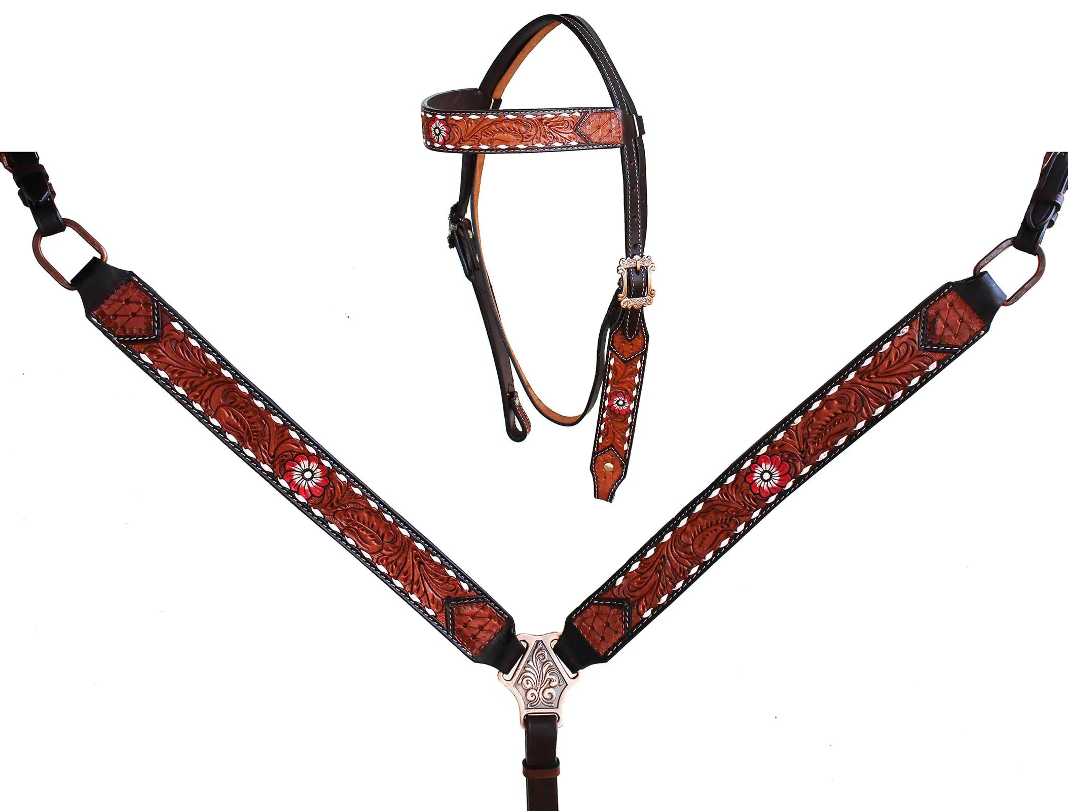 Western Floral Tooled Leather Browband/Headstall and Breast Collar