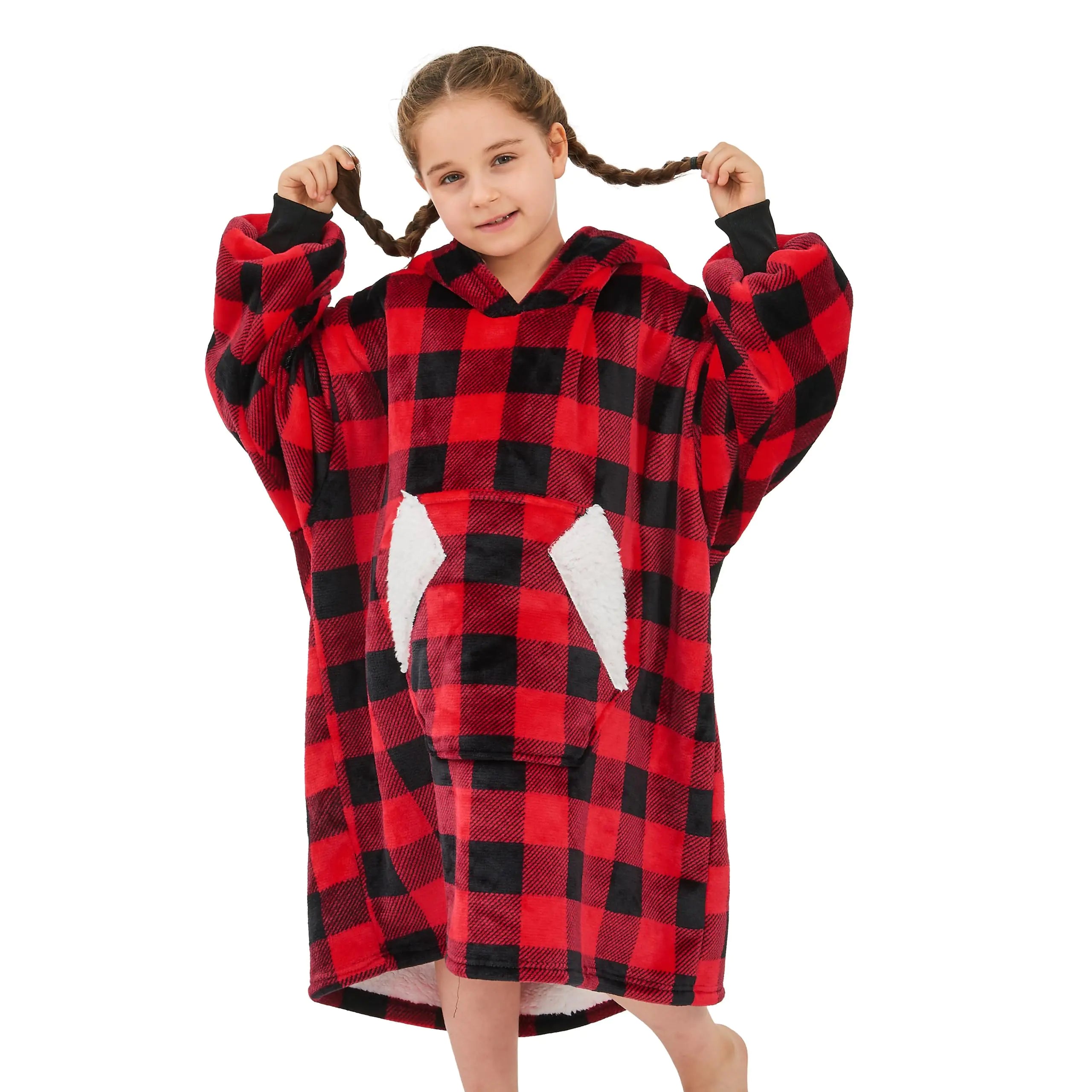 Wearable Blanket Hoodie for Kids  (Red Plaid)