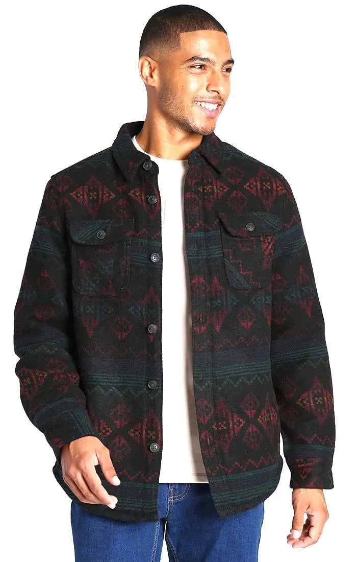 Mens Wool Blend Sherpa Lined Flannel Shirt Jacket (Medium)