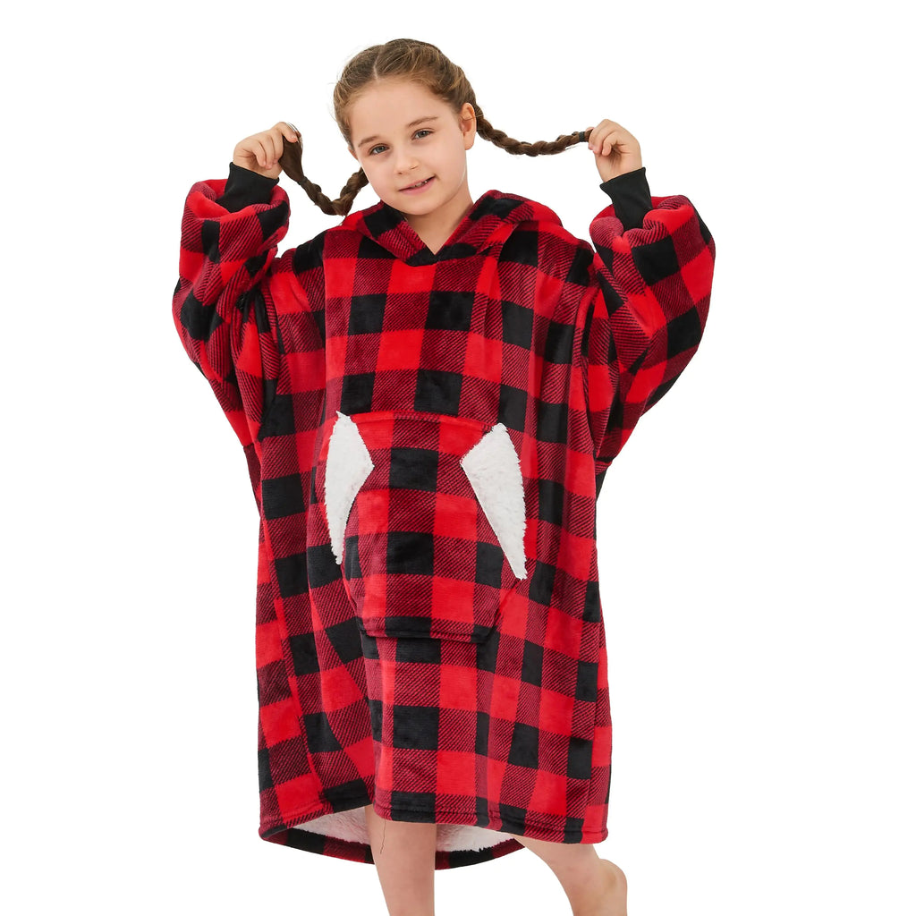 Wearable Blanket Hoodie for Kids  (Red Plaid)