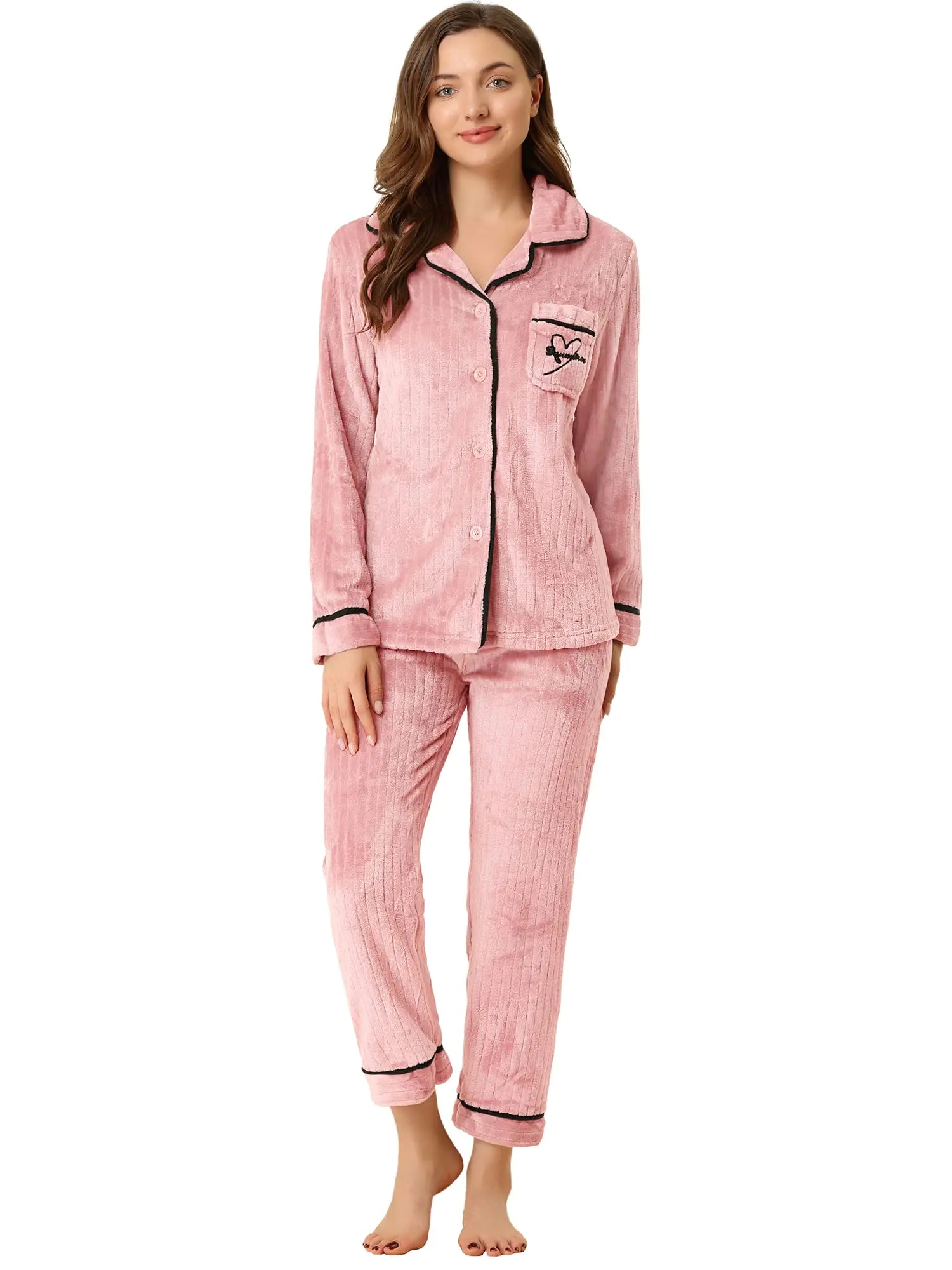 Women's Flannel Button Down Lounge Set (Medium - Pink)