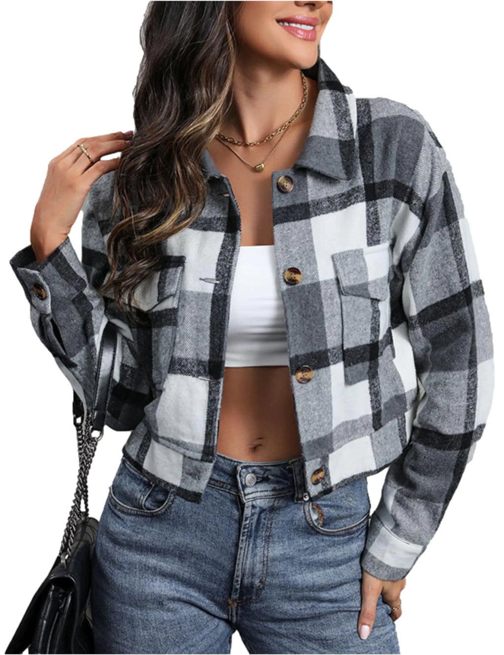 Women's Flannel Cropped Plaid Shacket (Grey - Large)