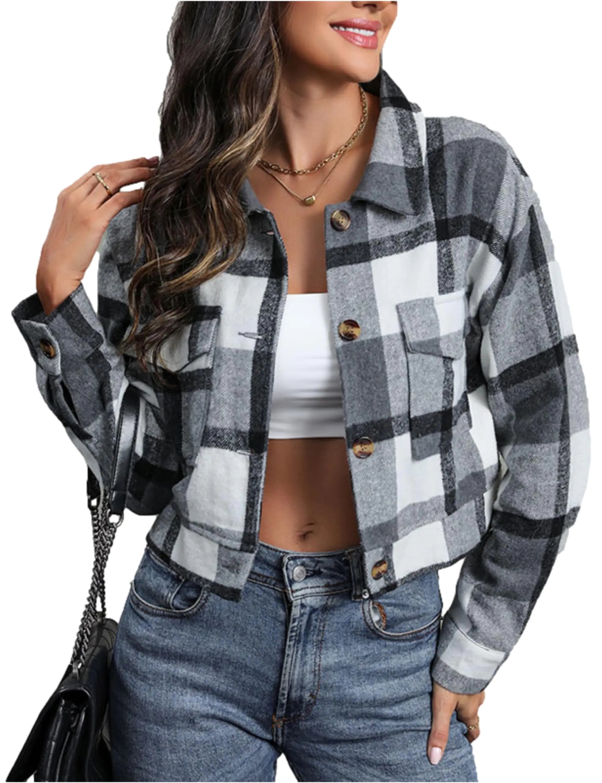 Women's Flannel Cropped Plaid Shacket (Grey - Large)