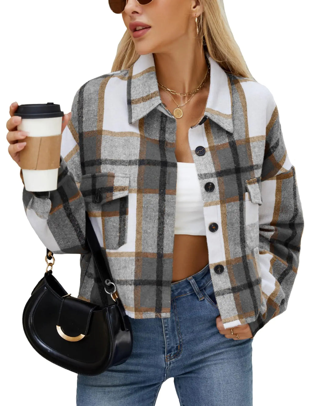 Women's Flannel Plaid Cropped Jacket (XL)
