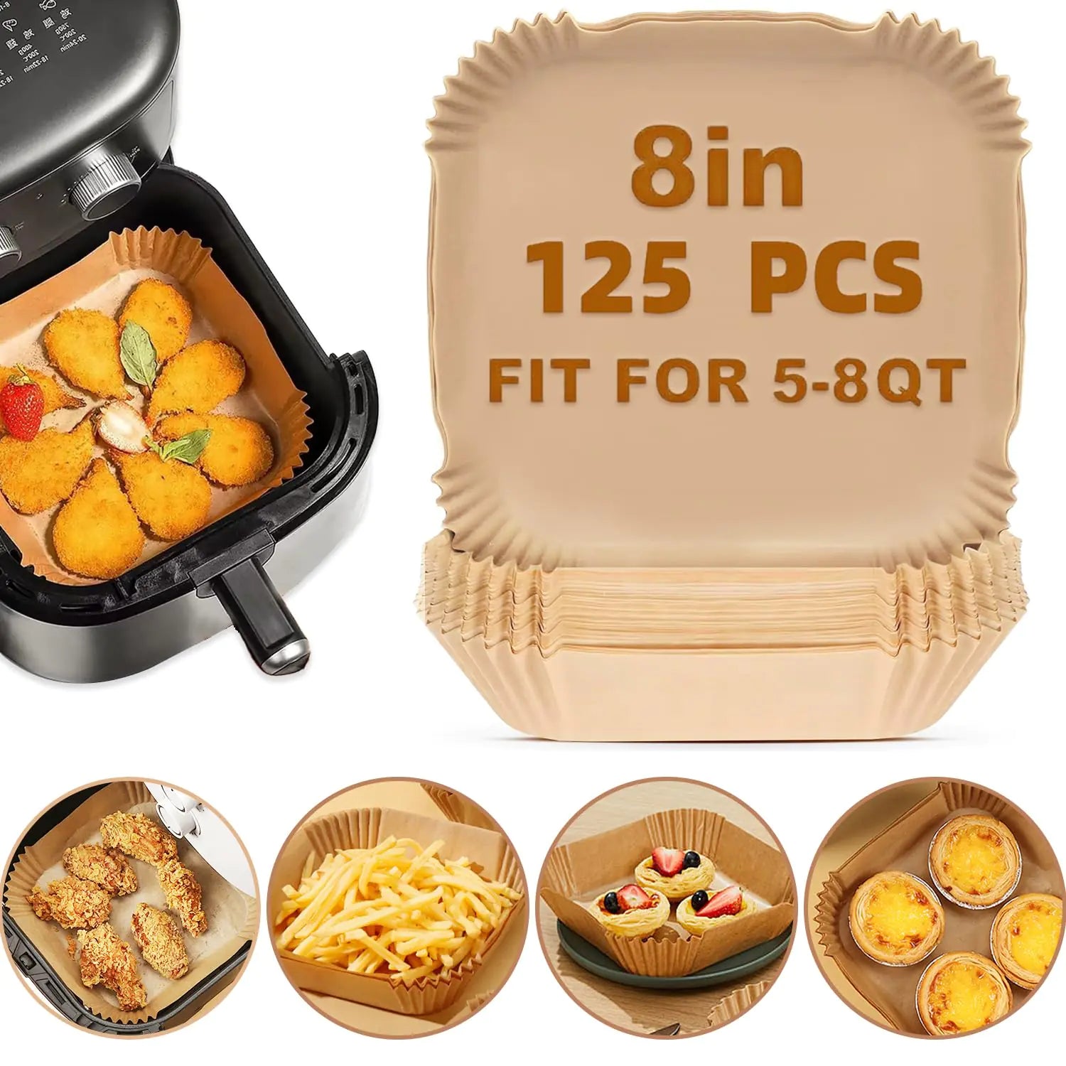 Air Fryer Liners (8 in-Square, 125 pcs)
